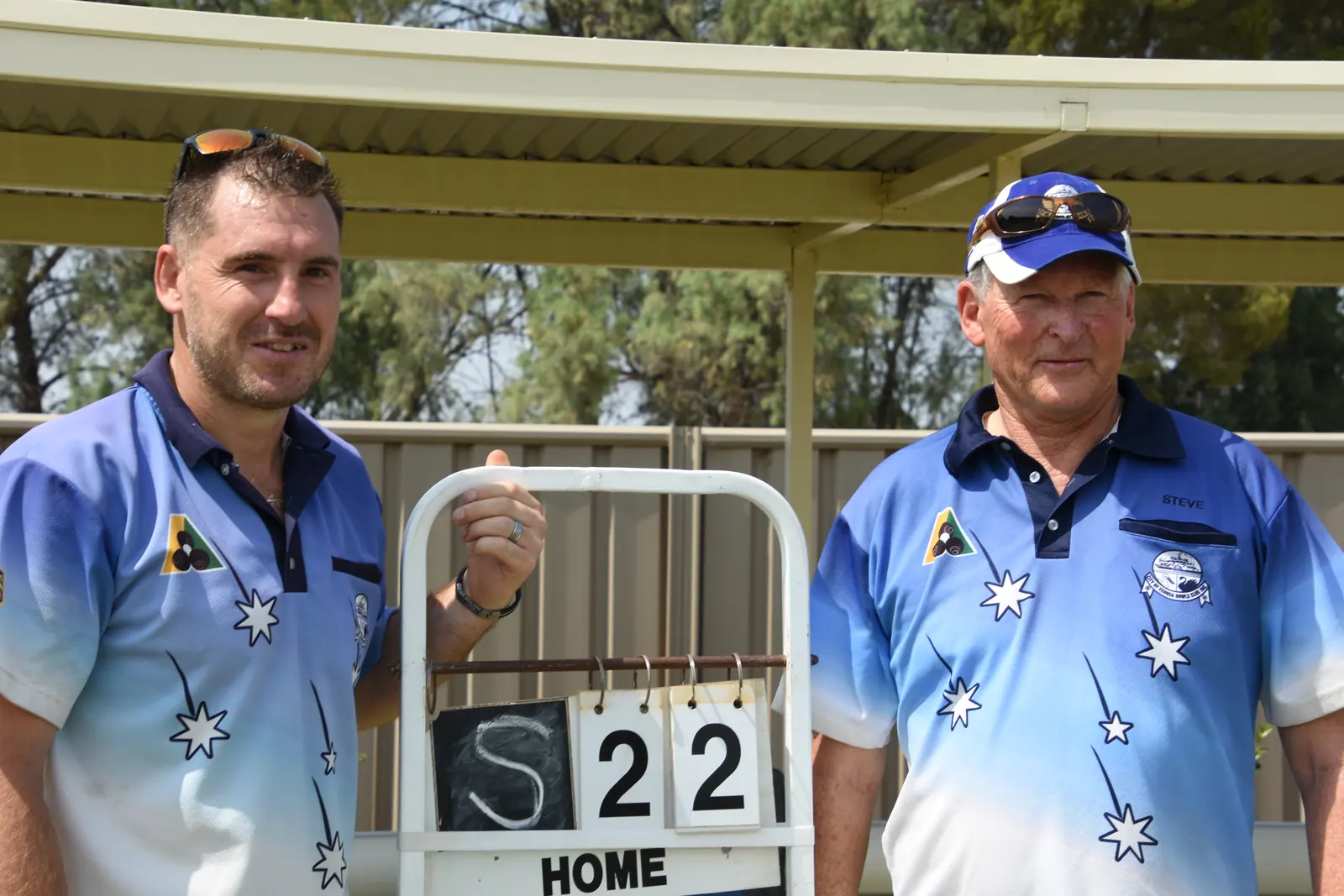 Championship pair photographed with the scoreboard at the end of the match