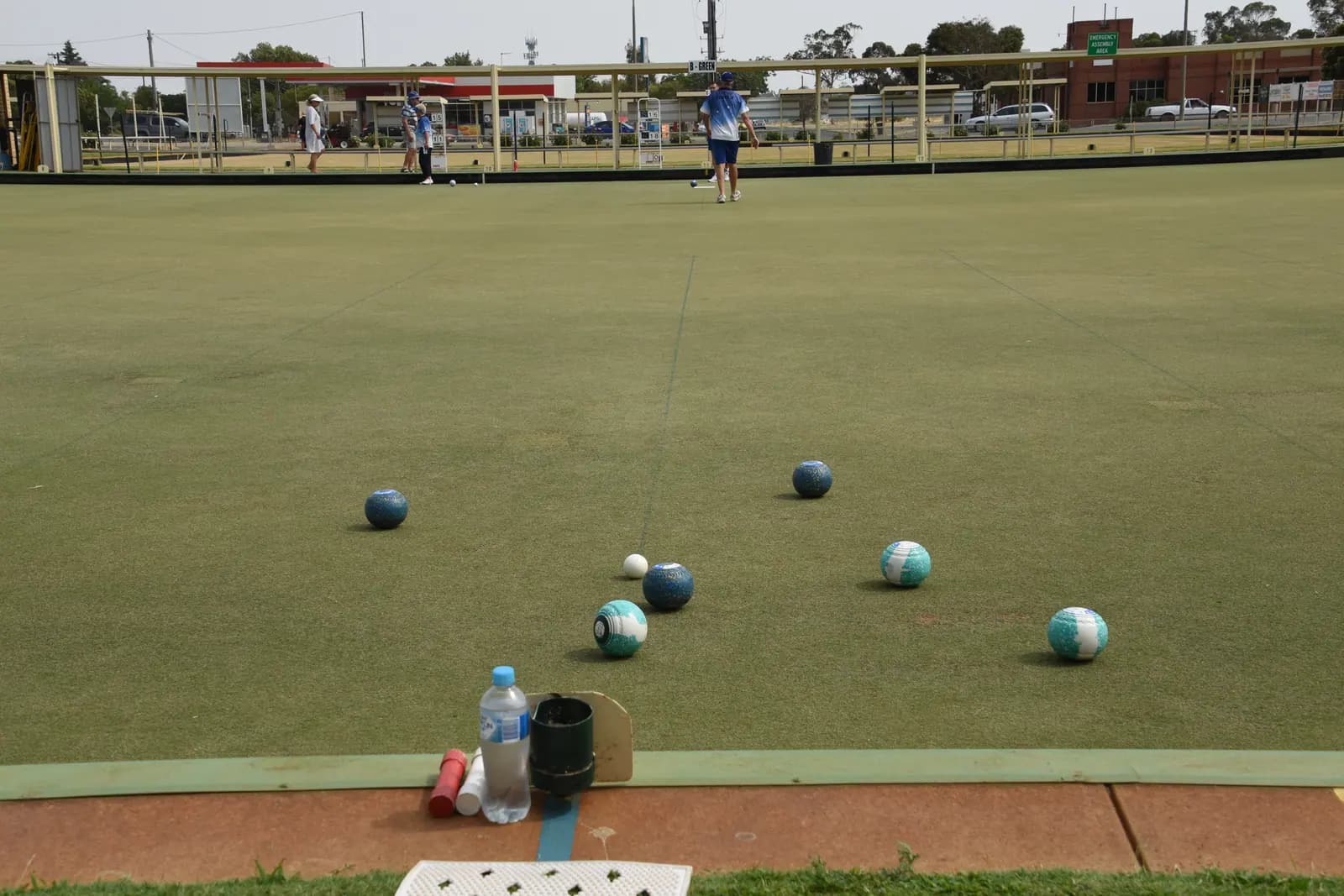 Bowls resting near the jack on an Echuca Bowls Club green