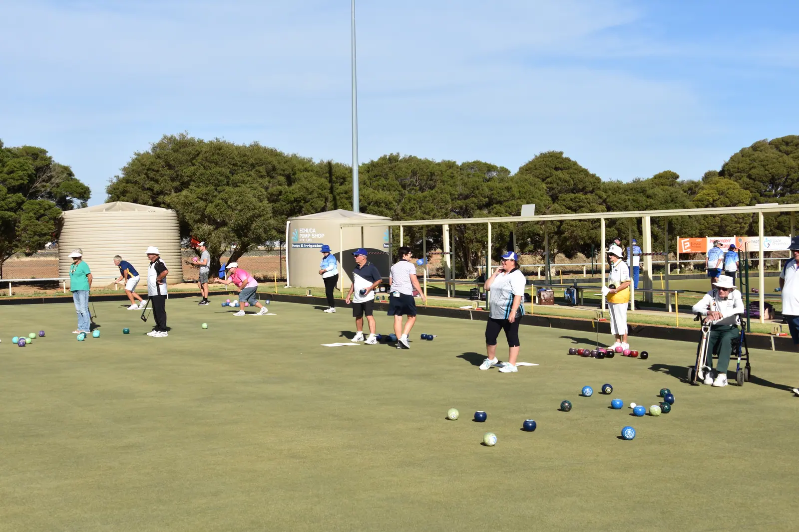 A tournament day in progress across the Echuca Bowls Club greens